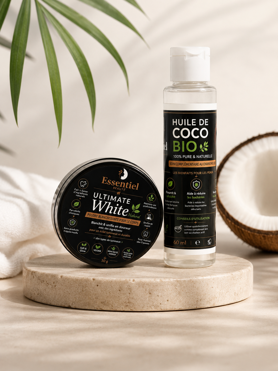 Kit de dents blanches charbon actif et huile de coco