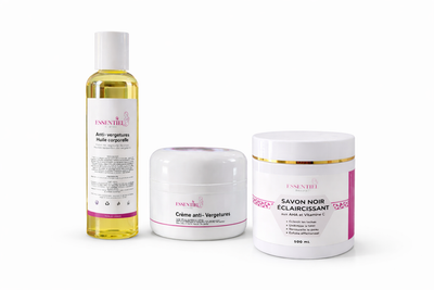 KIT ANTI VERGETURE, SAVON, CRÈME ET HUILE; EXFOLIE UNIFIE, HYDRATE EN PROFONDEUR