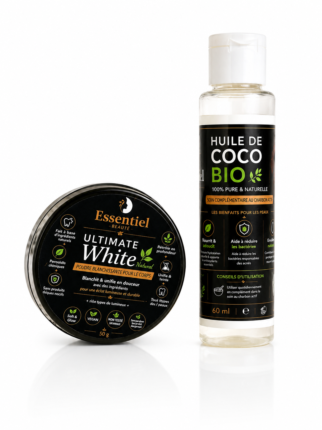 Kit de dents blanches charbon actif et huile de coco