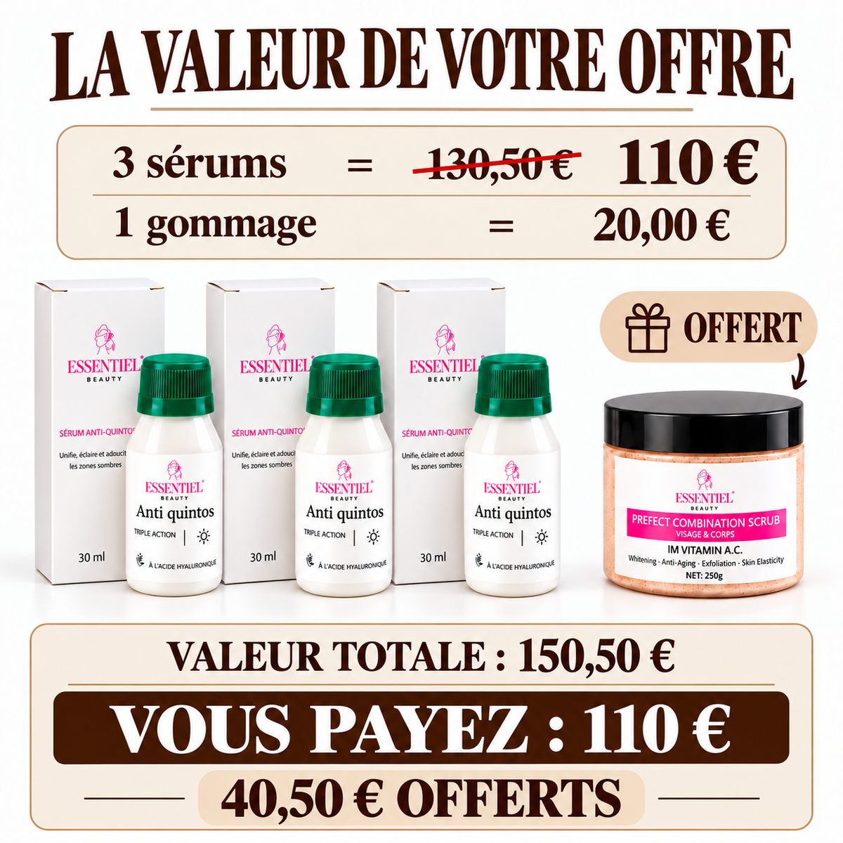 LOT DE 3 SÉRUMS ANTI QUINTOS + 1 GOMMAGE OFFERT