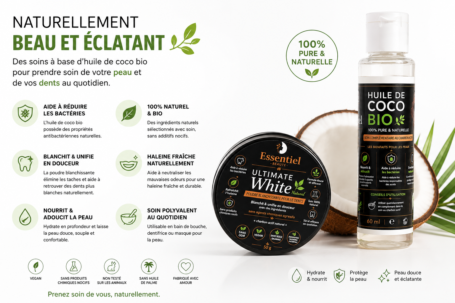 Kit de dents blanches charbon actif et huile de coco